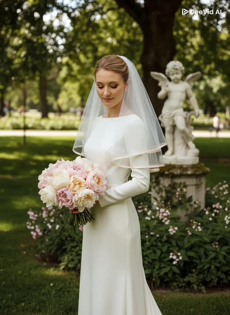 Короткая белая кремовая свадебная фата с сатиновым краем, 2 яруса